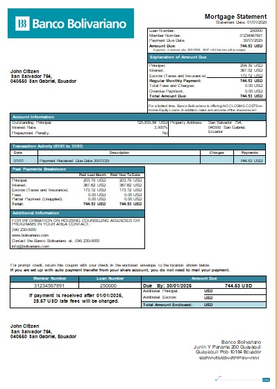 Download Ecuador Banco Bolivariano bank mortgage statement scr Photoshop template